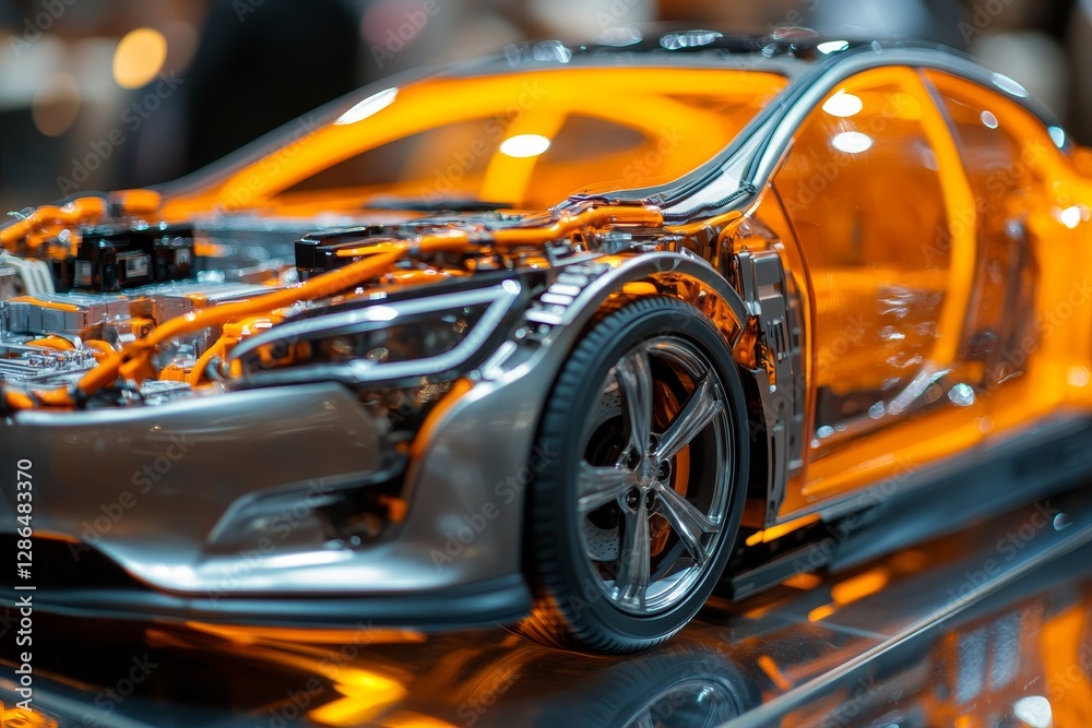 Detailed View of a Transparent Car Model with Orange Highlights
