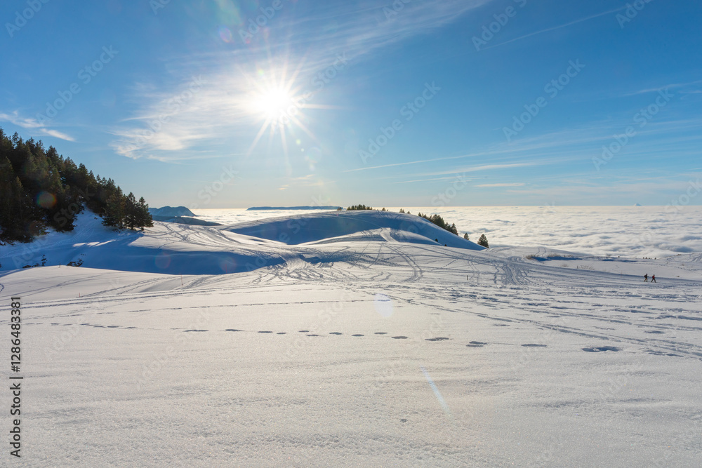Obraz premium Randoonée sur la neige sous un grand soleil en Haute-Savoie