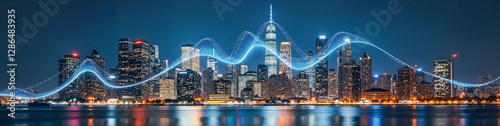 LinkedIn background with a dynamic skyline adorned with glowing digital connections symbolizing business networking and modern leadership, futuristic city concept.
