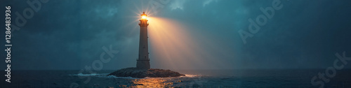LinkedIn background with a powerful lighthouse illuminating the dark ocean with a strong beam of light amid mist, symbolizing guidance and leadership in challenging times.