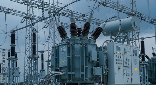 Industrial Power Transformer and Control Panel in Electrical Substation
