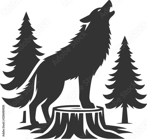 A wolf howling while standing on a tree stump animal vector silhouette