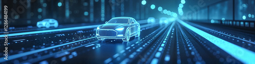 LinkedIn background with futuristic road network featuring digital car icons connected by glowing blue lines, symbolizing smart mobility solutions.