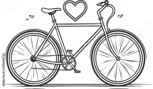 Minimalistic bicycle illustration with heart shapes and simple line design.