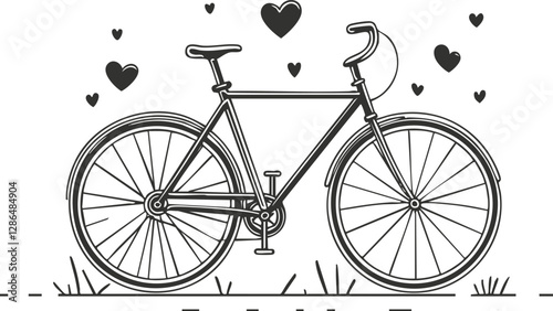 Black and white bicycle illustration with hearts and grass accents.
