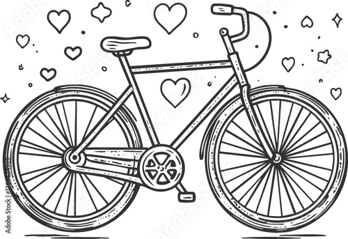 Black and white illustration of a bicycle with decorative hearts around it.