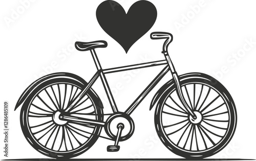 Monochrome illustration of a bicycle with a heart symbol above it.