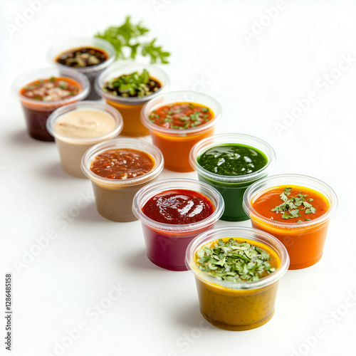 A variety of colorful sauces in plastic cups, topped with fresh herbs, arranged in a row with a sprig of coriander in the background.