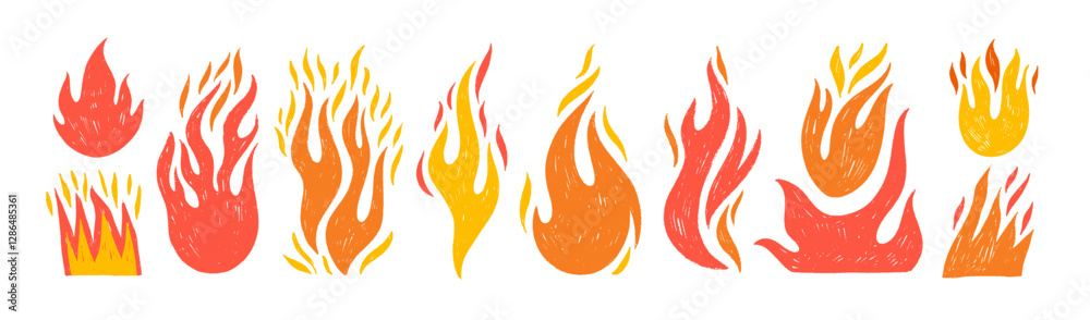 Crayon drawn red fire flames icons collection. Hand drawn doodle flames stickers.