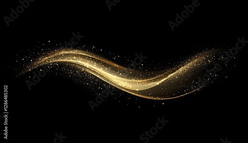 Abstract golden wave design with sparkle particles on black background