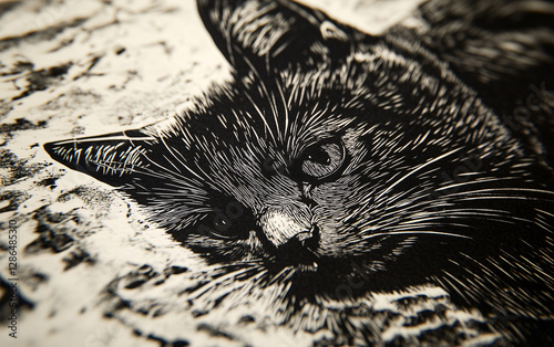 Cat Woodcut Illustration Vintage Art Monochrome Feline Pet Animal Graphic Design Print Style Classic Artistic Drawing Image Kitty Retro Black White photo