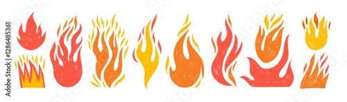 Crayon drawn red fire flames icons collection. Hand drawn doodle flames stickers.