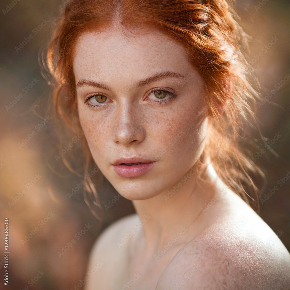 Close-Up Portrait of a Young Red-Haired Woman with Freckles in Natural Light Close-Up Portrait of a Young Red-Haired Woman with Freckles in Natural Light
