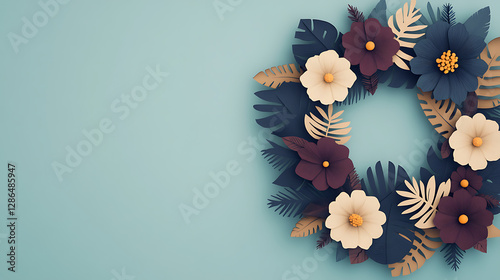 Paper cut spring flowers and leaves Fresh spring nature background. Floral with leaves cut of paper Flower paper style, colorful rose, paper craft floral