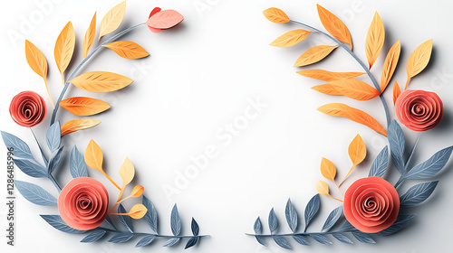 Paper cut spring flowers and leaves Fresh spring nature background. Floral with leaves cut of paper Flower paper style, colorful rose, paper craft floral