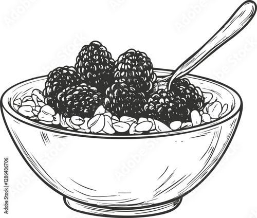 Black and white illustration of a bowl of oats with berries.