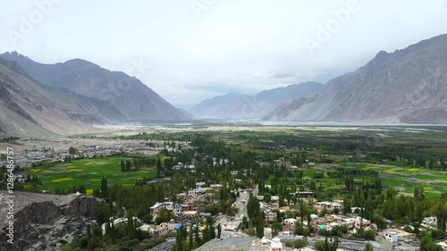 An aerial view of the Diskit village in Nubra Valley. Diskit is a village and headquarters of the Nubra tehsil and the Nubra subdivision in the Leh district of Ladakh, India.