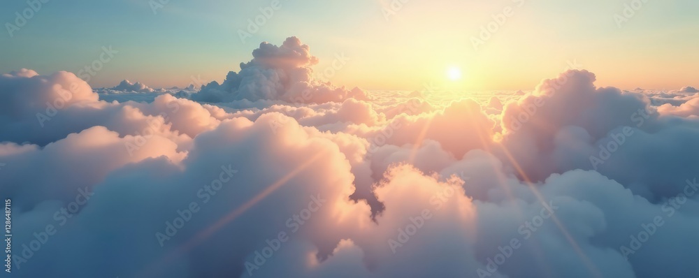 Fototapeta premium Gentle morning light dances through the cirrus clouds above, hazy, heavenly, dreamy