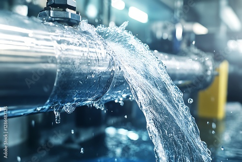 Water leaking from industrial pipe in a factory