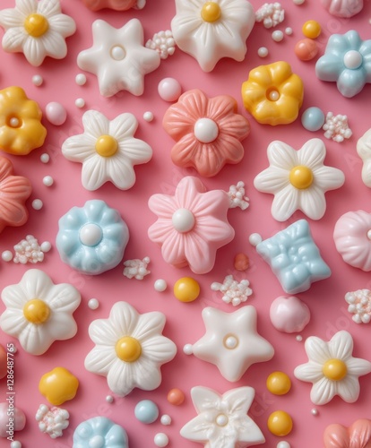 Wallpaper Mural A vibrant assortment of colorful candies scattered over a soft pink background, creating a visually appealing and inviting display. Torontodigital.ca