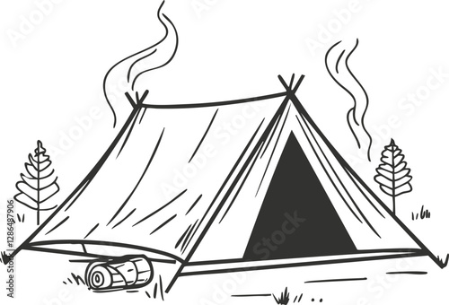 Line art of a camping tent with trees and campfire smoke.