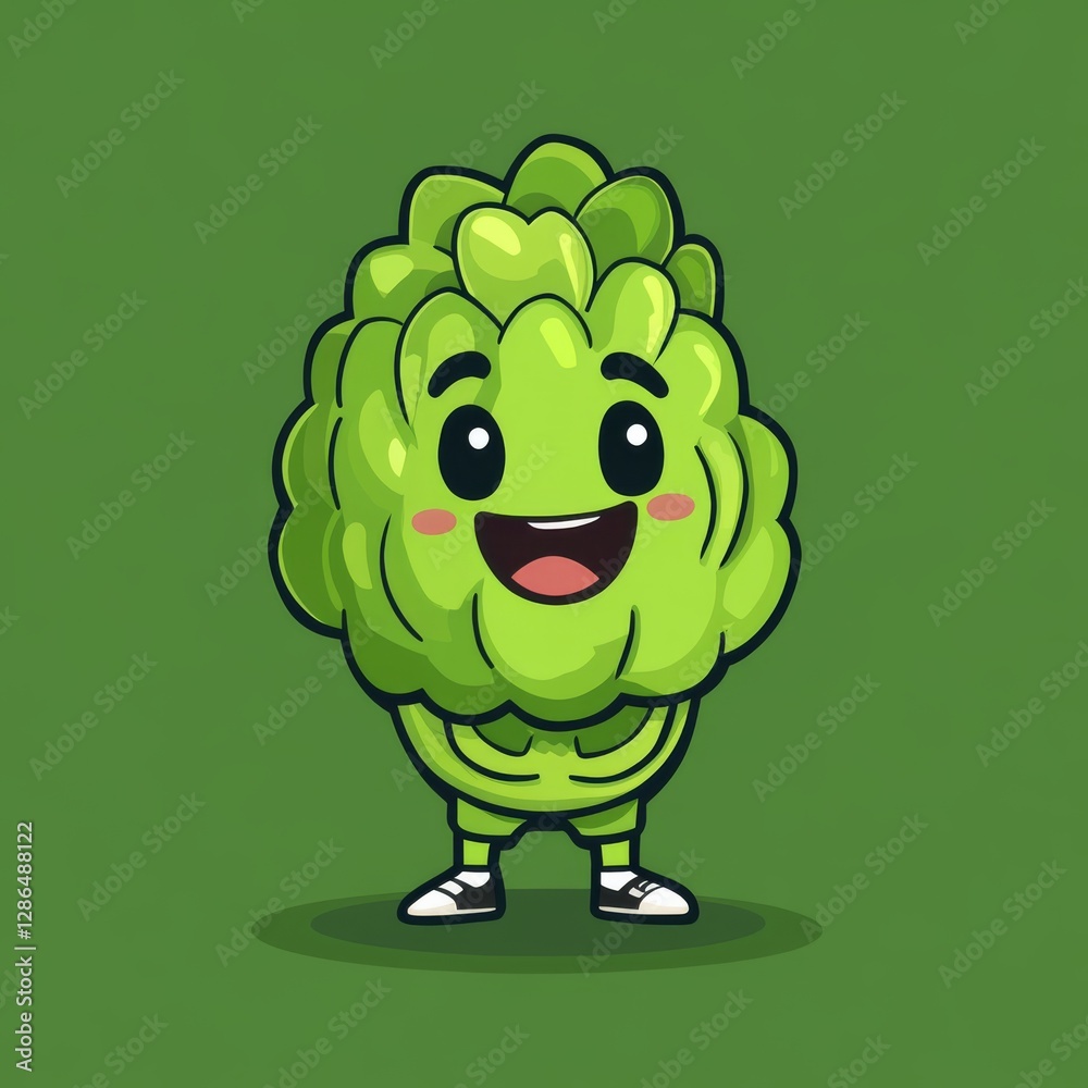 Flat 2D cute humanoid adult brocoli mascot character with cute pepe face