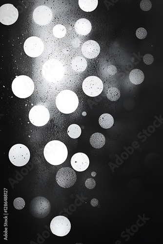 White illuminated spots on a black gradient background with a grainy noise texture effect.