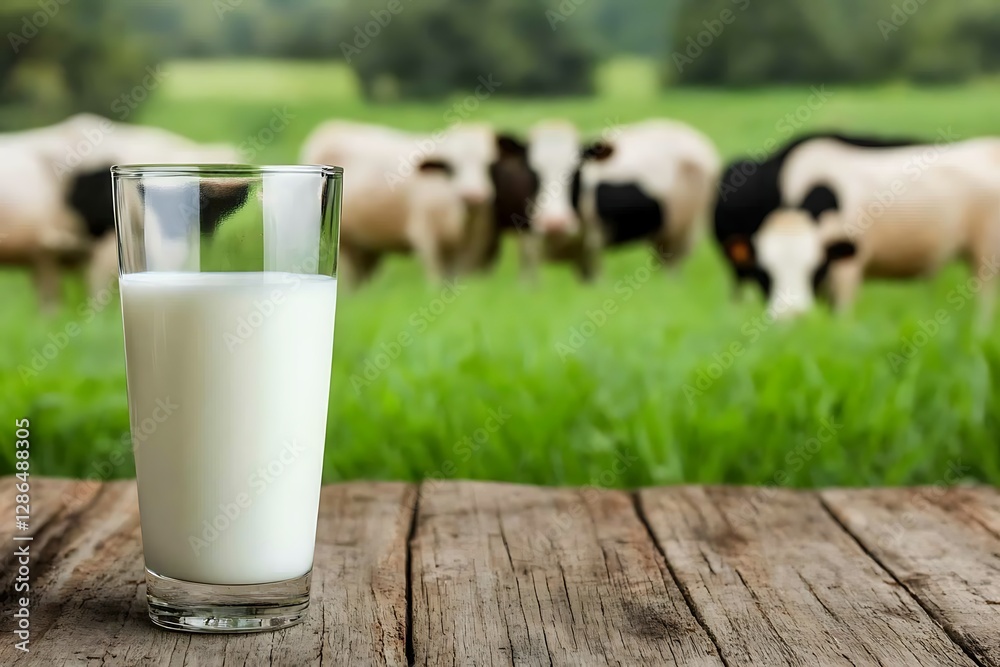 Glass of fresh milk on wooden table with cows grazing in green pasture Glass of fresh milk on wooden table with cows grazing in green pasture