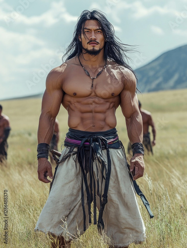 Ancient mongolian warrior in traditional attire displaying strength and heritage in grassland landscape