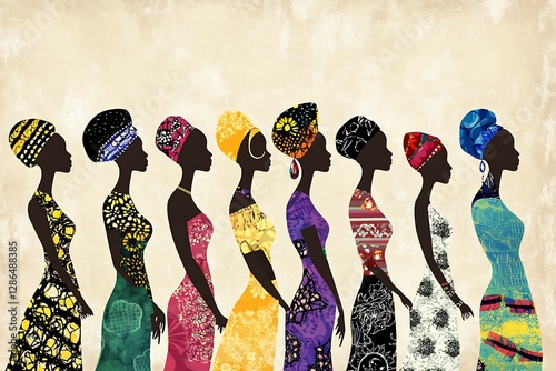 Eight african women wearing traditional colorful clothes and headscarves