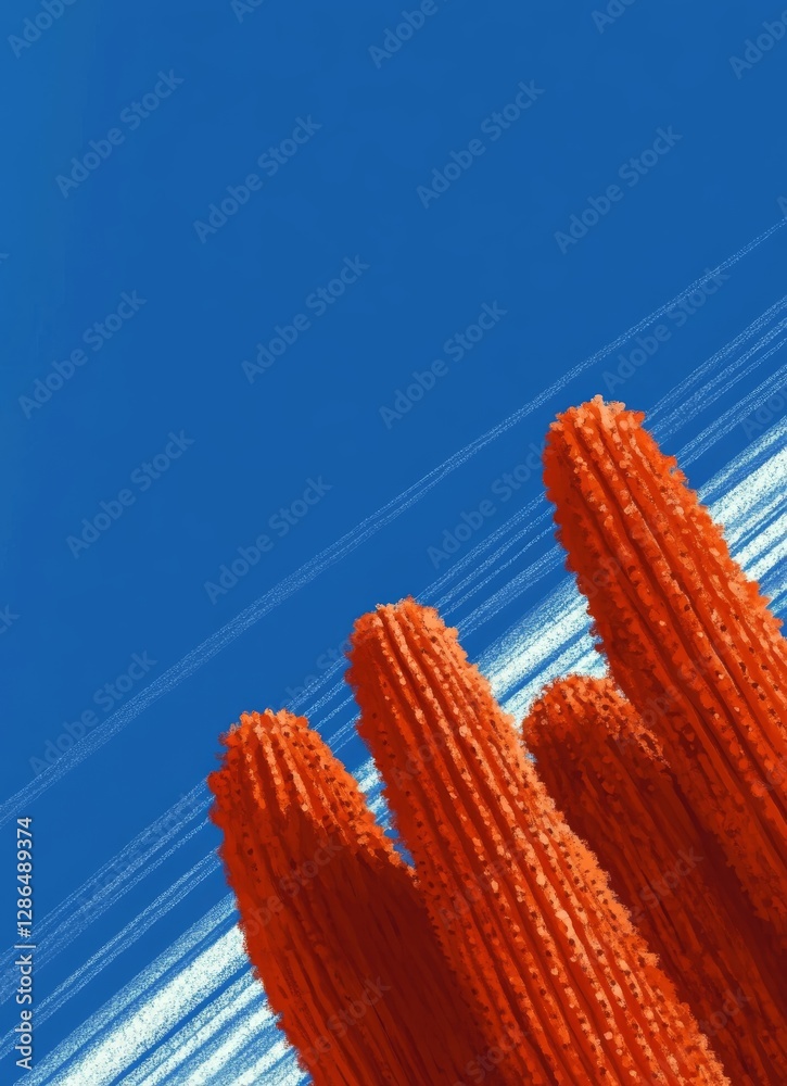 Illustration of red cactus on a blue background minimalist style close up with copy space simple background low detail A gouache painting with simple lines