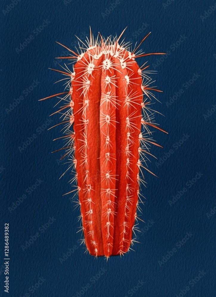 Illustration of red cactus on a blue background minimalist style close up with copy space simple background low detail A gouache painting with simple lines