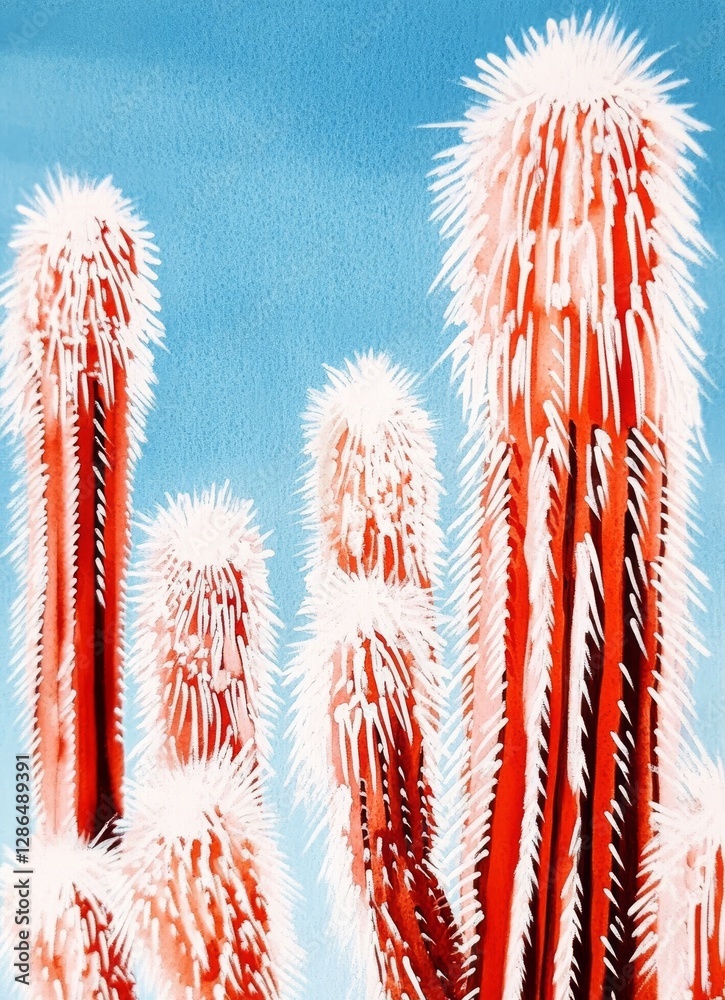 Illustration of red cactus on a blue background minimalist style close up with copy space simple background low detail A gouache painting with simple lines