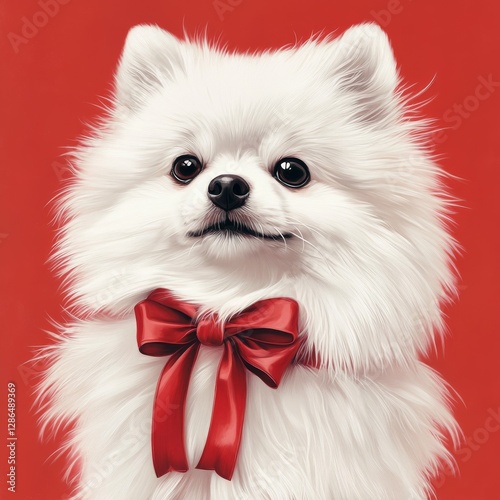 Obraz na płótnie Illustration of a white pomeranian dog with a bow around his neck w salonie