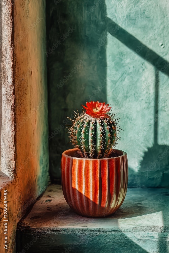 Imitation oil painting cactus in a beautiful pot delicate colors minimalism modern
