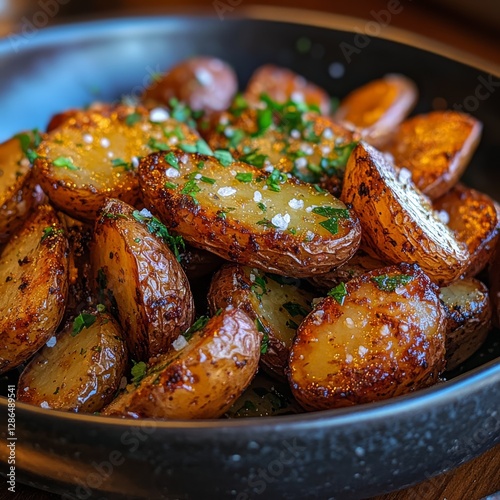 Obraz na płótnie Close up photograph of a dish featuring roasted fingerling potatoes with a crispy texture w salonie