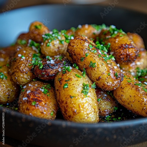 Close up photograph of a dish featuring roasted fingerling potatoes with a crispy texture