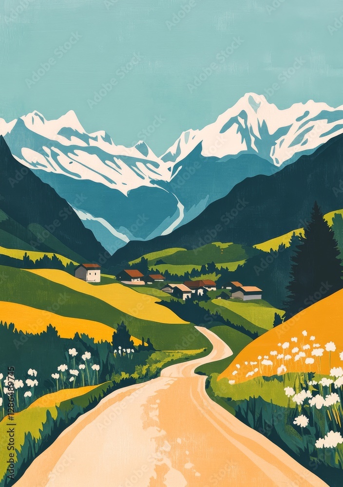 Japanese wood block printing style create a vintage poster the poster shows pittoresque swiss mountain landscape in the background you see the beautiful swiss alps it is a sunny day gravel roady in