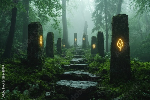 A mystical forest path lined with glowing ancient rune stones, shrouded in fog