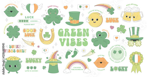 St. Patrick's Day stickers. Clover, leprechaun hat, Irish beer, horseshoe, gold coin, rainbow, pot of gold, ribbon rosette. Sticker pack of cartoon characters and elements in groovy retro style.