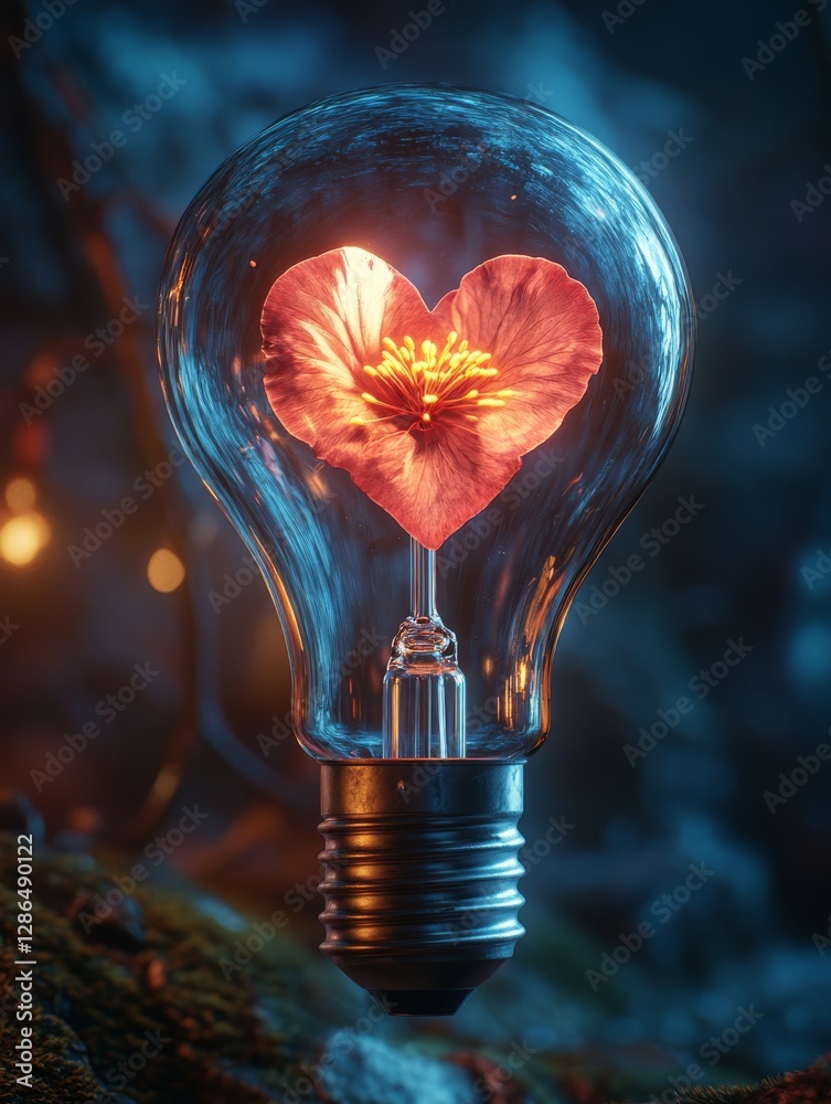 Light bulb with heart shaped flower inside photographic photorealistic dark mystical atmosphere cinematic lighting cozy room background soft shadows light blue and muted red colors highly detailed
