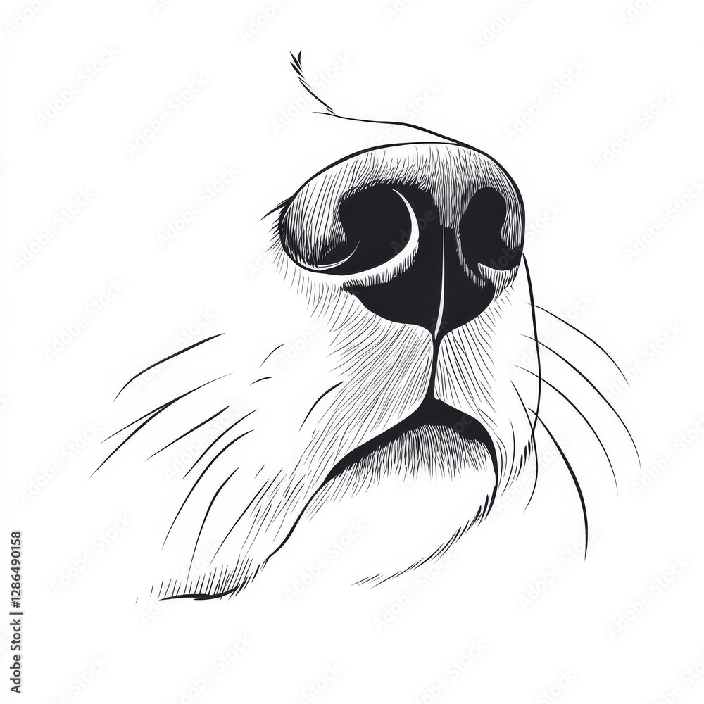 Lineal illustration of a close up of the nose of a dog Just appear the nose in the scene Gestuality Simplicity White background Minimalism Soft Simple and friendly