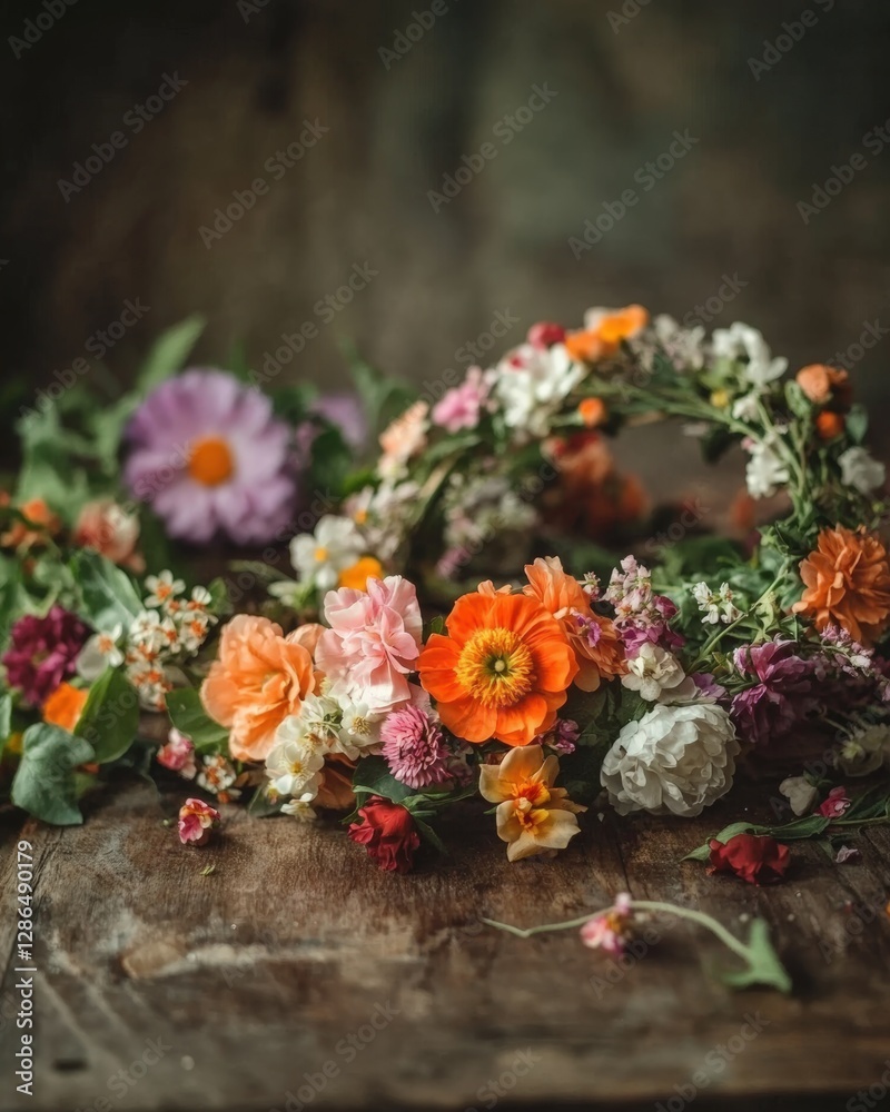 Obraz premium Floral wreaths with fresh flowers and greenery rest on a rustic wooden bench, evoking natural beauty and craftsmanship