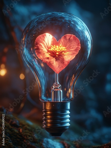 Obraz na płótnie Light bulb with heart shaped flower inside photographic photorealistic dark mystical atmosphere cinematic lighting cozy room background soft shadows light blue and muted red colors highly detailed w salonie