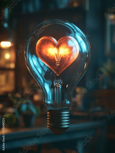 Obraz na płótnie Light bulb with heart shaped flower inside photographic photorealistic dark mystical atmosphere cinematic lighting cozy room background soft shadows light blue and muted red colors highly detailed w salonie