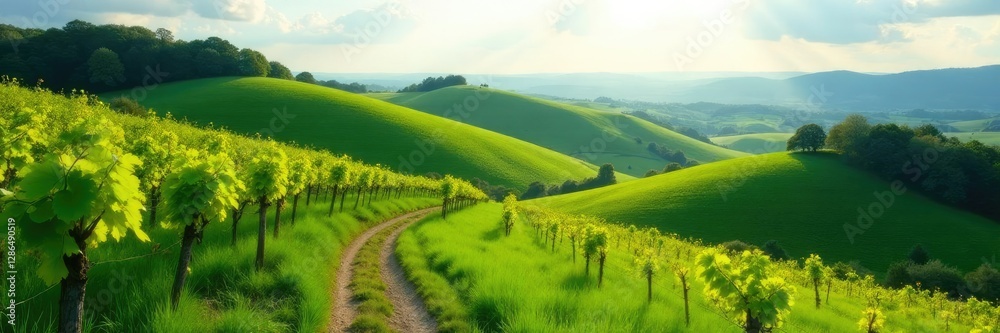 Fototapeta premium Rolling hills with lush greenery and a winding vineyard path, rolling hills, peaceful, nature