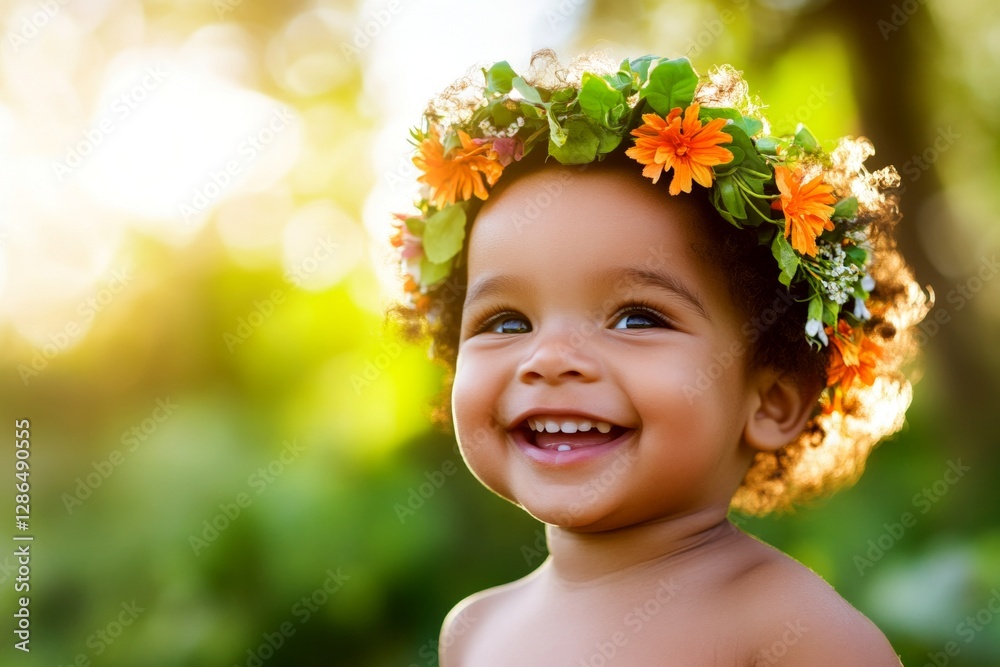 Golden hour in sunset. Smiling mixed-race infant boy with tt hair wearing orange flower circlet on his head. Happy holiday season holidays idea. Bright summer atmosphere for kids. Golden hour in sunset. Smiling mixed-race infant boy with tt hair wearing orange flower circlet on his head. Happy holiday season holidays idea. Bright summer atmosphere for kids.