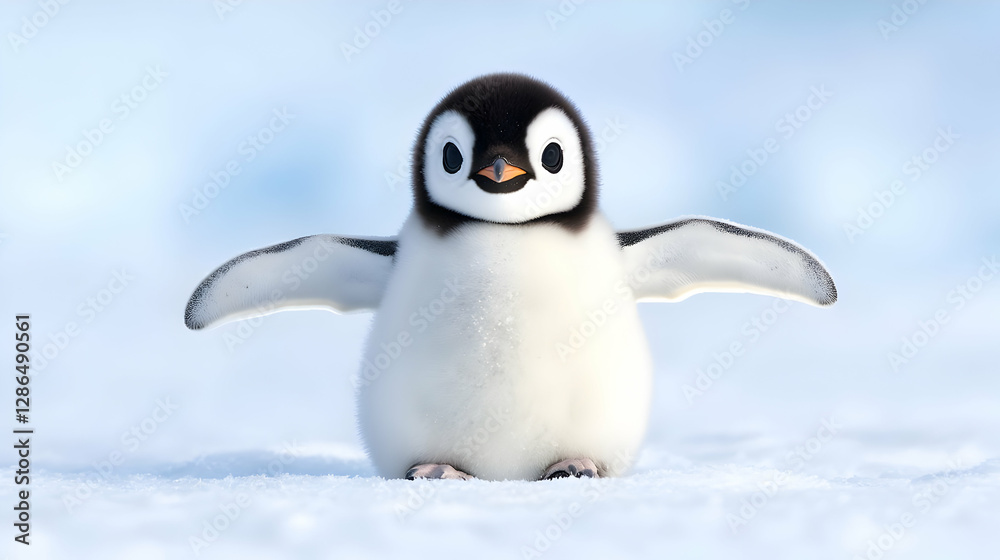 Fototapeta premium Cute penguin chick on Antarctic ice, wings spread