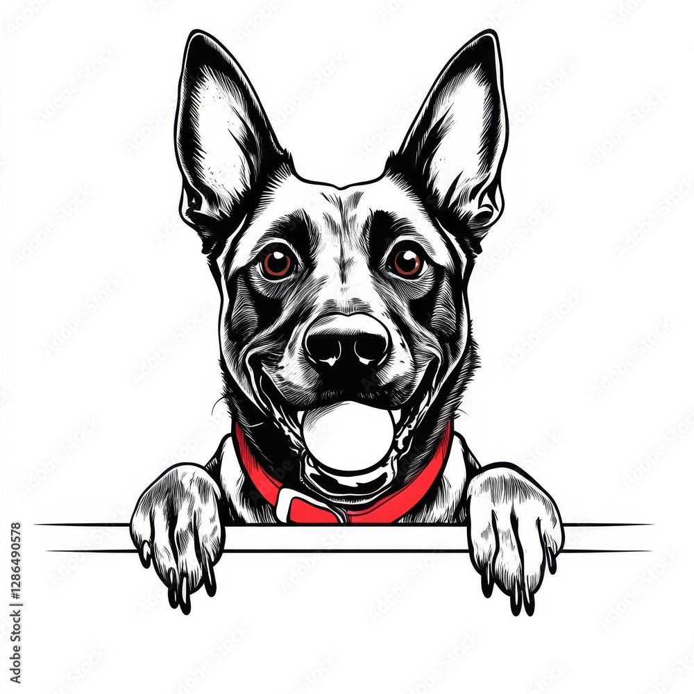 Minimalistic line art of a front facing Belgian Malinois headshot with the dog peeking over a ledge and front paws up The dog has a red collar and is holding a ball in her mouth Clean black and white