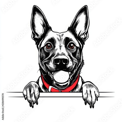 Minimalistic line art of a front facing Belgian Malinois headshot with the dog peeking over a ledge and front paws up The dog has a red collar and is holding a ball in her mouth Clean black and white